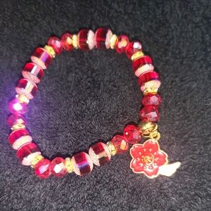 (New) Red & Gold Beaded Fashion Bracelet With Flower Charm